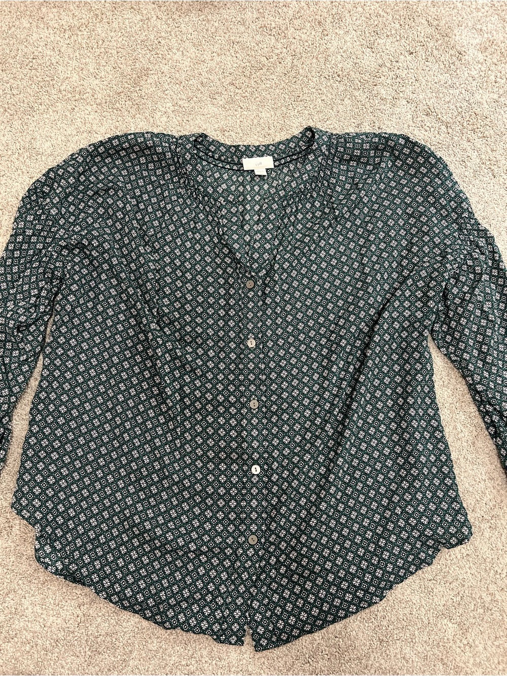 J. Jill Dark Green and White Geometric Patterned Button-Front Shirt 3/4 length L
